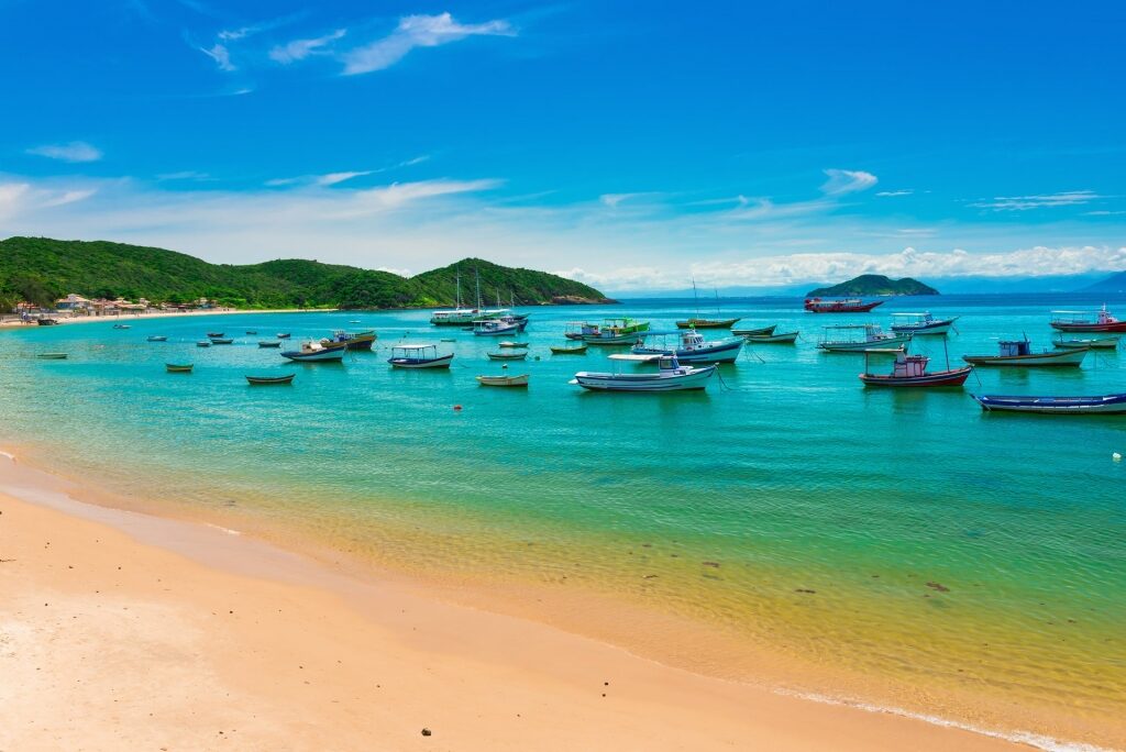 Small boats floating in picturesque Armacao Beach, Brazil