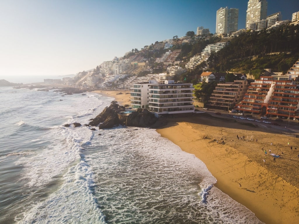 Renaca Beach, Chile including the buildings towering the shore