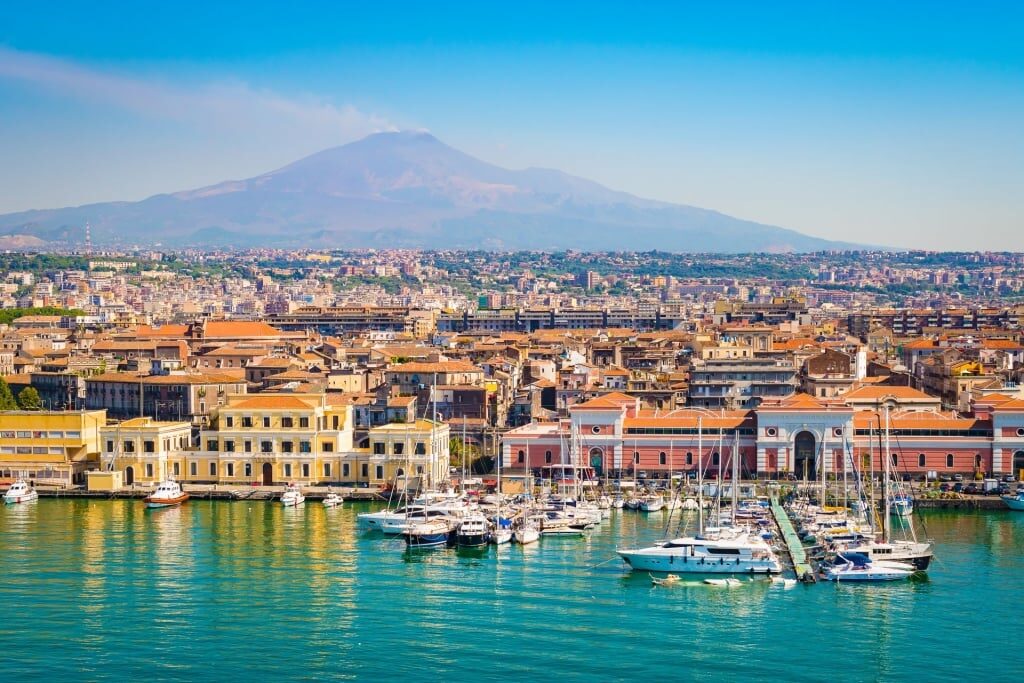 Beautiful landscape of Catania with Mount Etna as backdrop