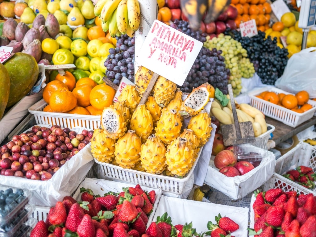 Baskets of fruits at a local market 