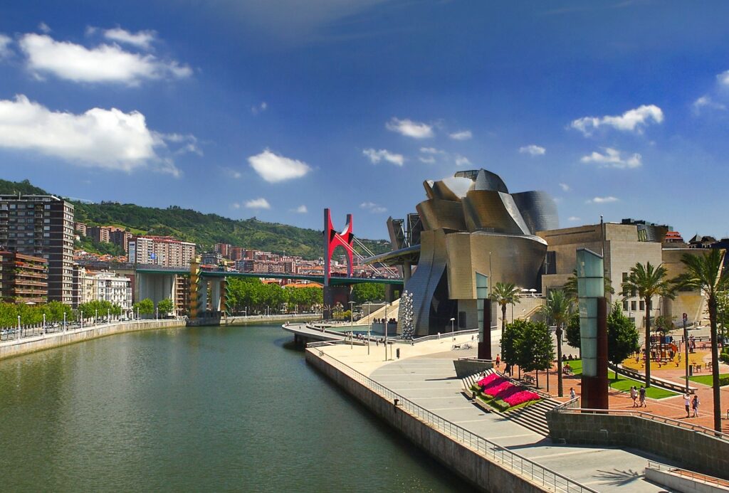 Modern architecture of Guggenheim Museum including La Salve Bridge