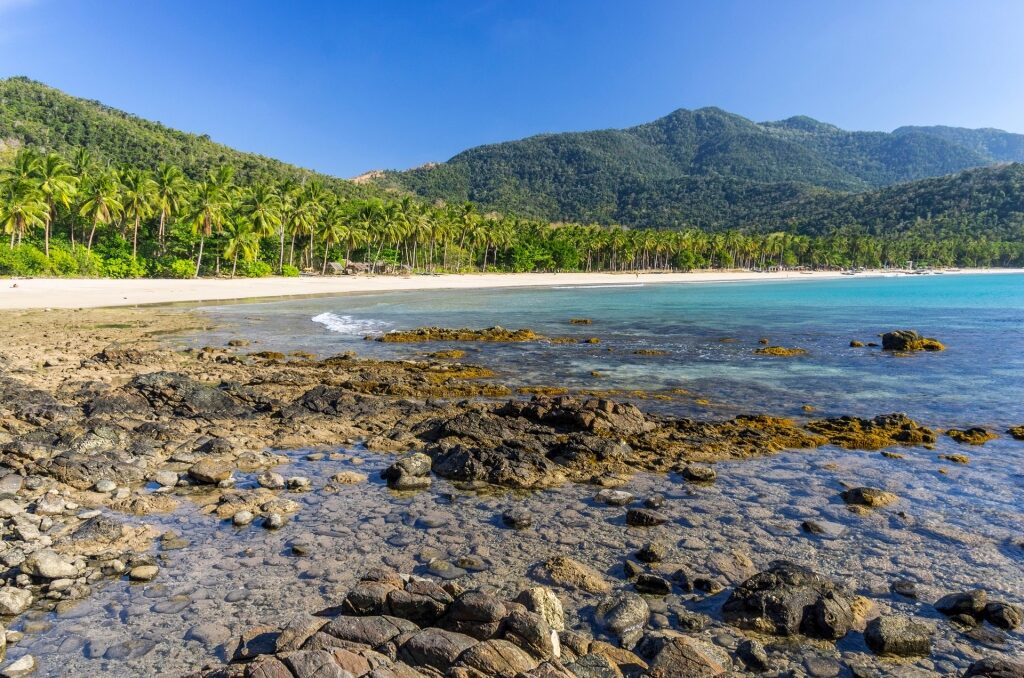 Rocky shore of Nagtabon Beach surrounded by trees