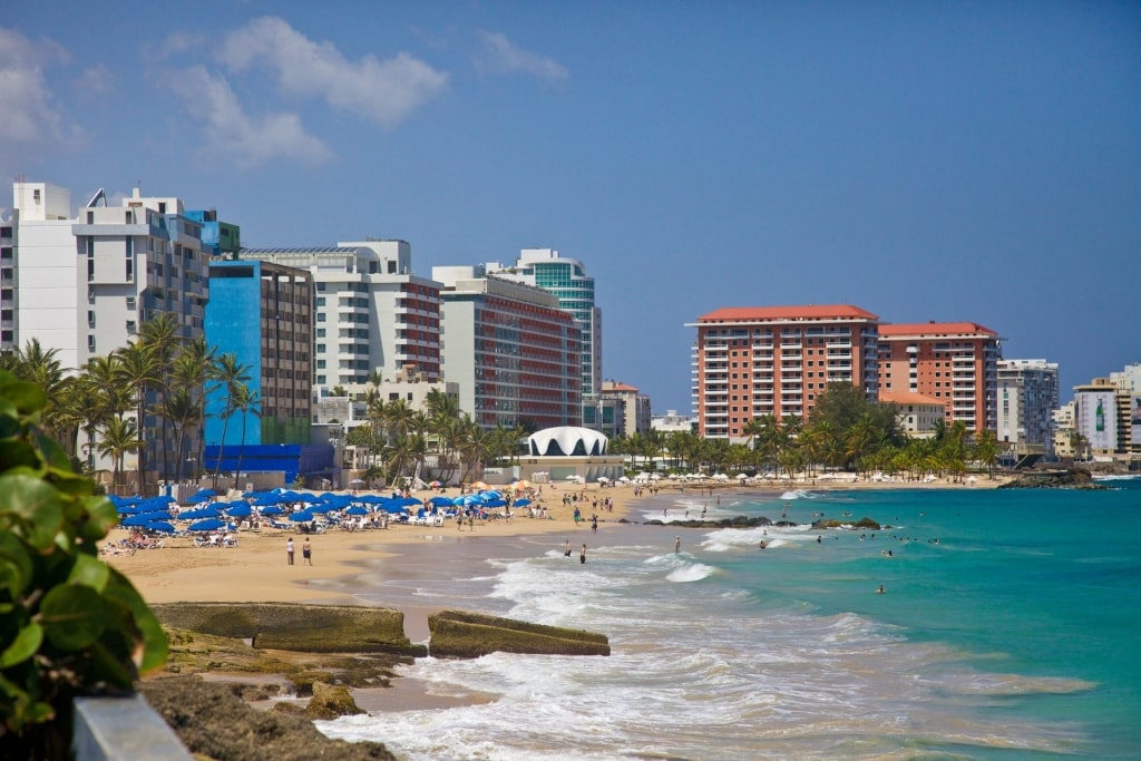 Colorful building towering Condado Beach, San Juan