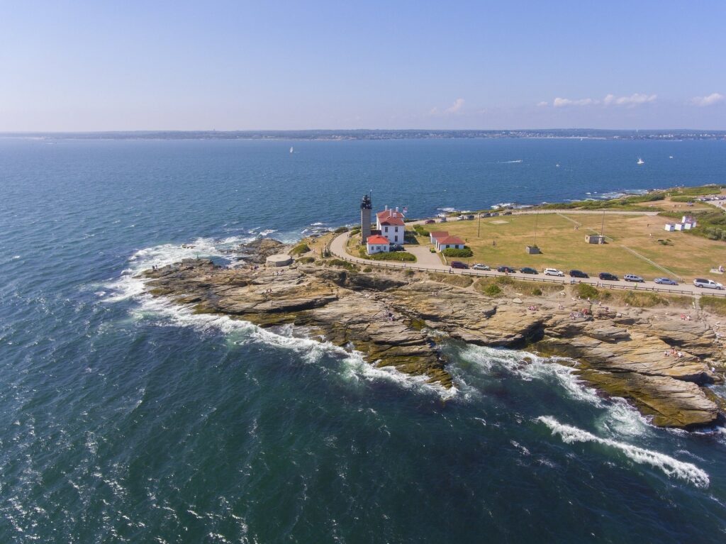 Picturesque coast of Beavertail State Park with lighthouse
