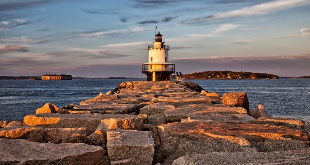 Beautiful Spring Point Ledge Lighthouse on a rocky coast