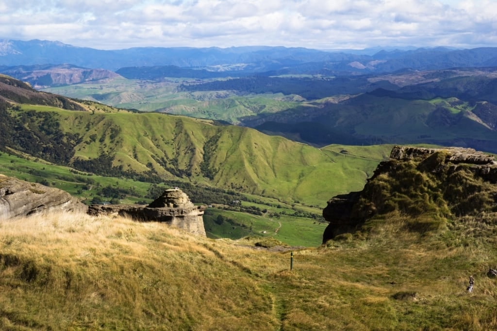 Picturesque landscape of Maungaharuru Mountain Range with bell rock