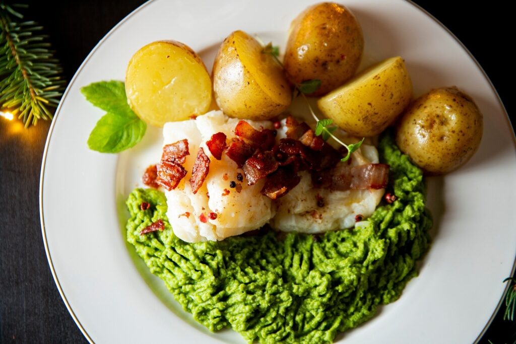Plate of lutefisk served during the holidays
