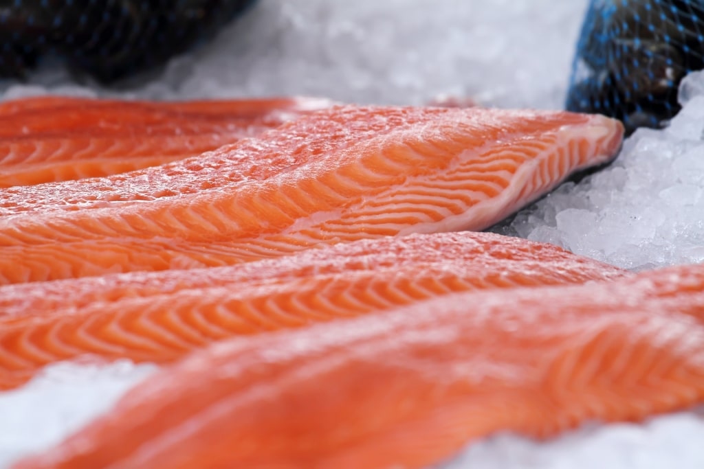 Salmon on top of crushed ice at a fish market