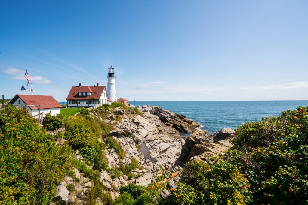 Beautiful lighthouse of Portland Head Light on rocky cliff