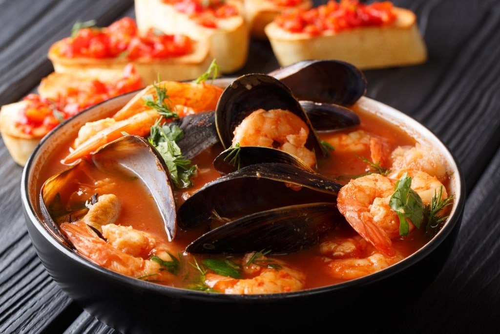 Bowl of savory bouillabaisse