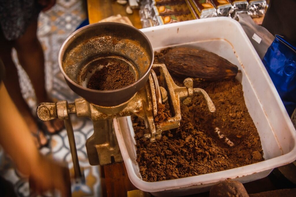Grinding cacao in Roatan