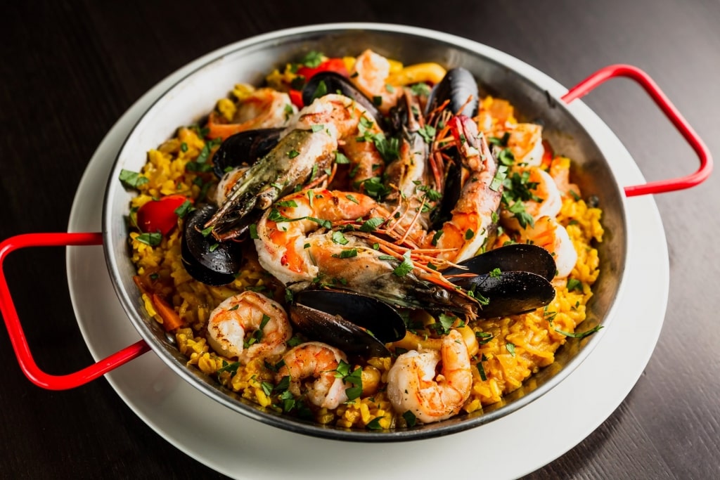 Savory platter of seafood paella 