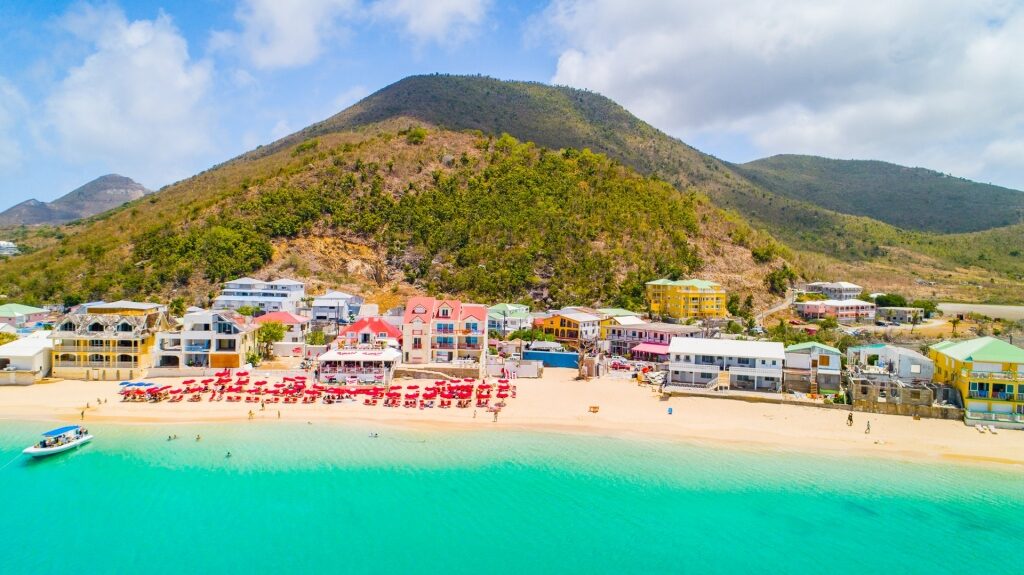 Picturesque view of Grand Case Beach in St. Maarten, one of the best Caribbean islands for families 