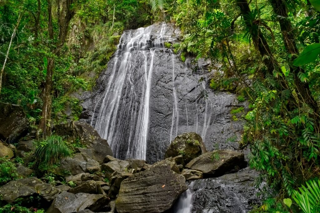 Waterfall in El Yunque National Rainforest, Puerto Rico, one of the best Caribbean islands for families 