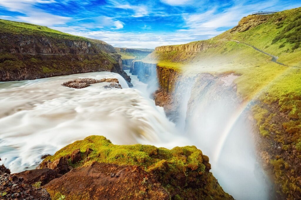 Beautiful view of Gullfoss waterfalls with rainbow