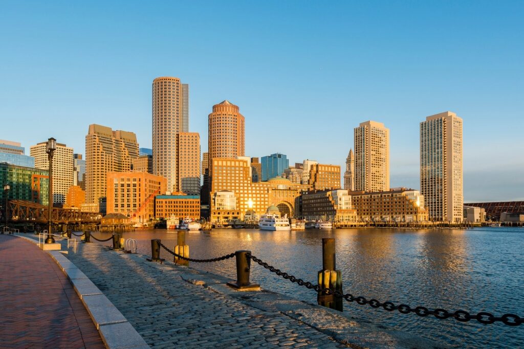 View of Boston Harborwalk at sunrise