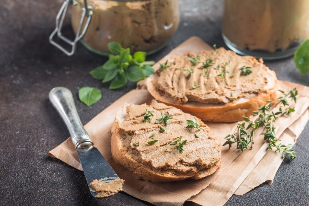 Traditional Tuscan food Crostini Toscani with liver pate spread on toast