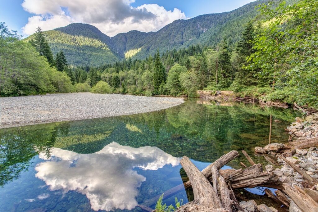 Picturesque landscape of Golden Ears Provincial Park reflecting on water