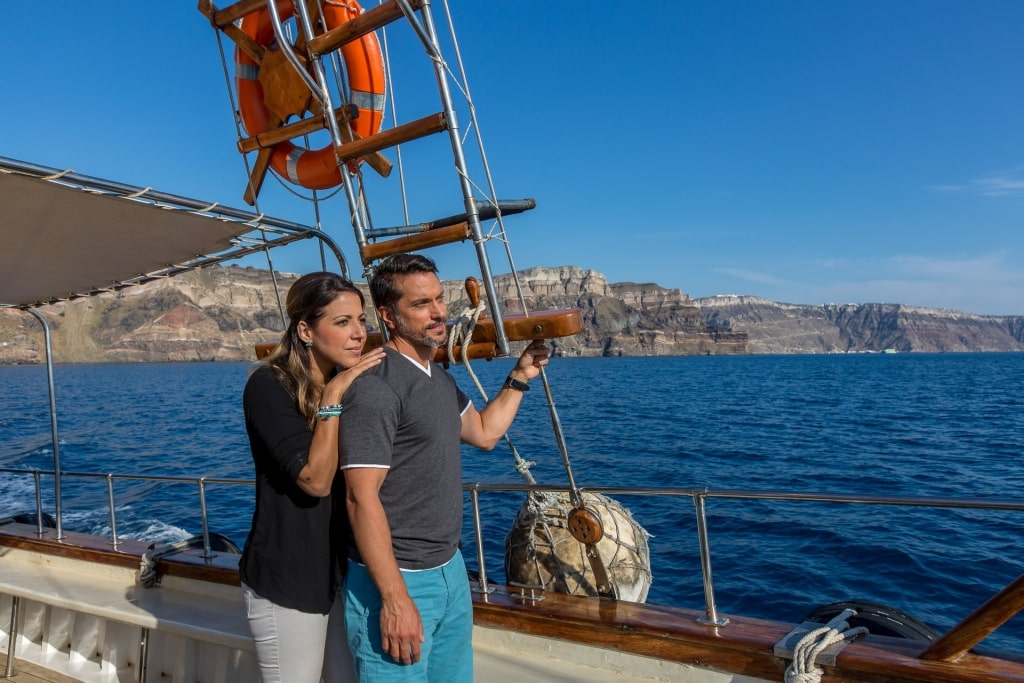 Couple on a boat in Greece