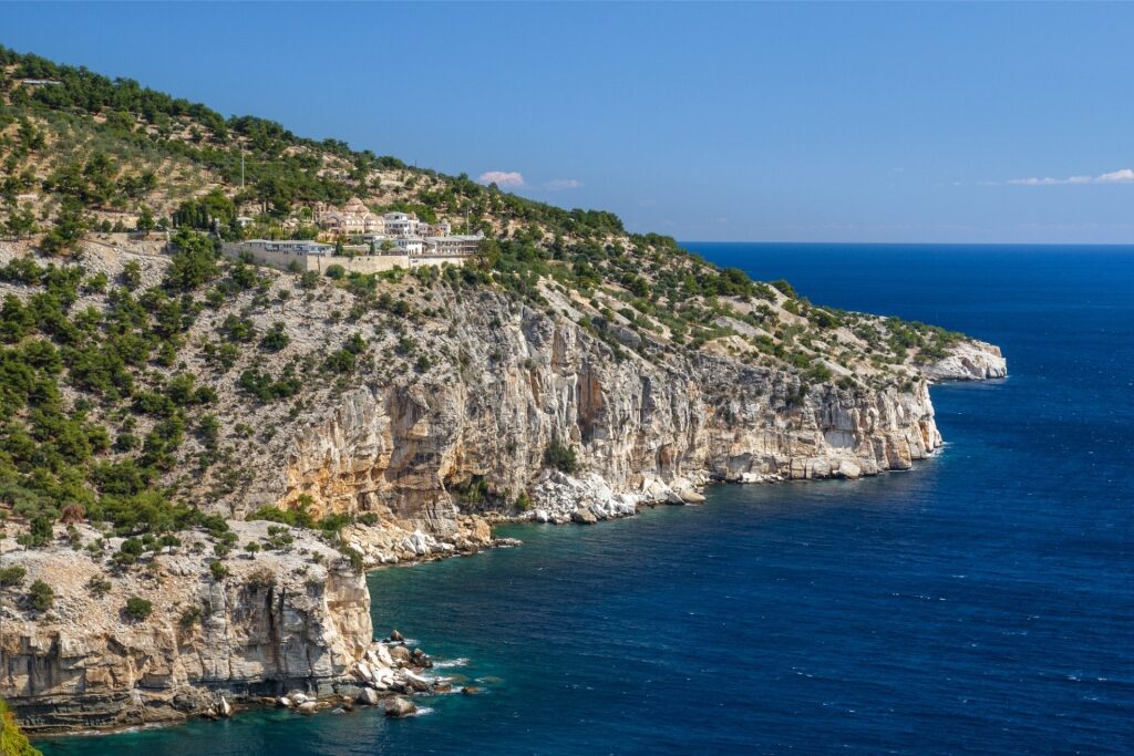 Scenic cliffs with Archangel Michael Monastery in Thasos