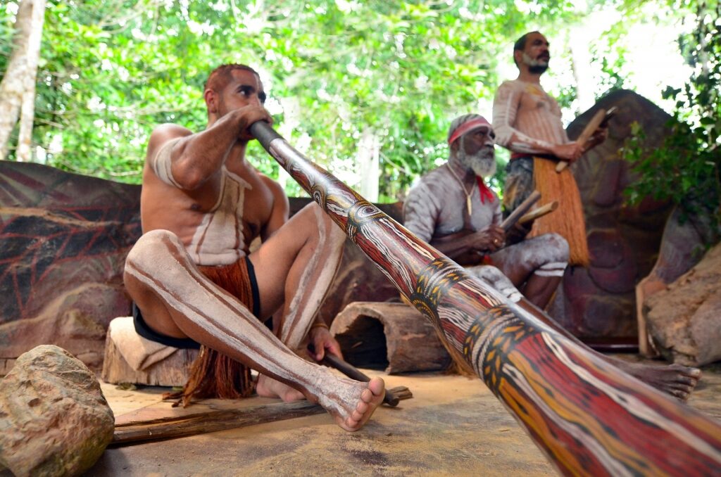 Aboriginal men playing music at Tjapukai Cultural Park