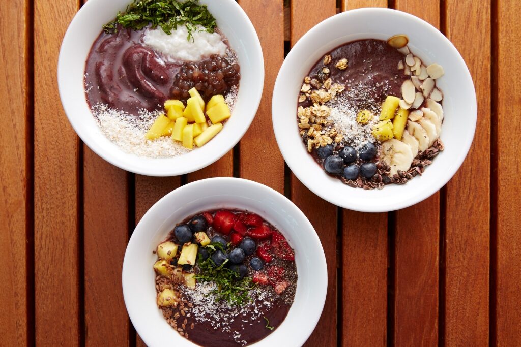 Colorful acai bowls on a table