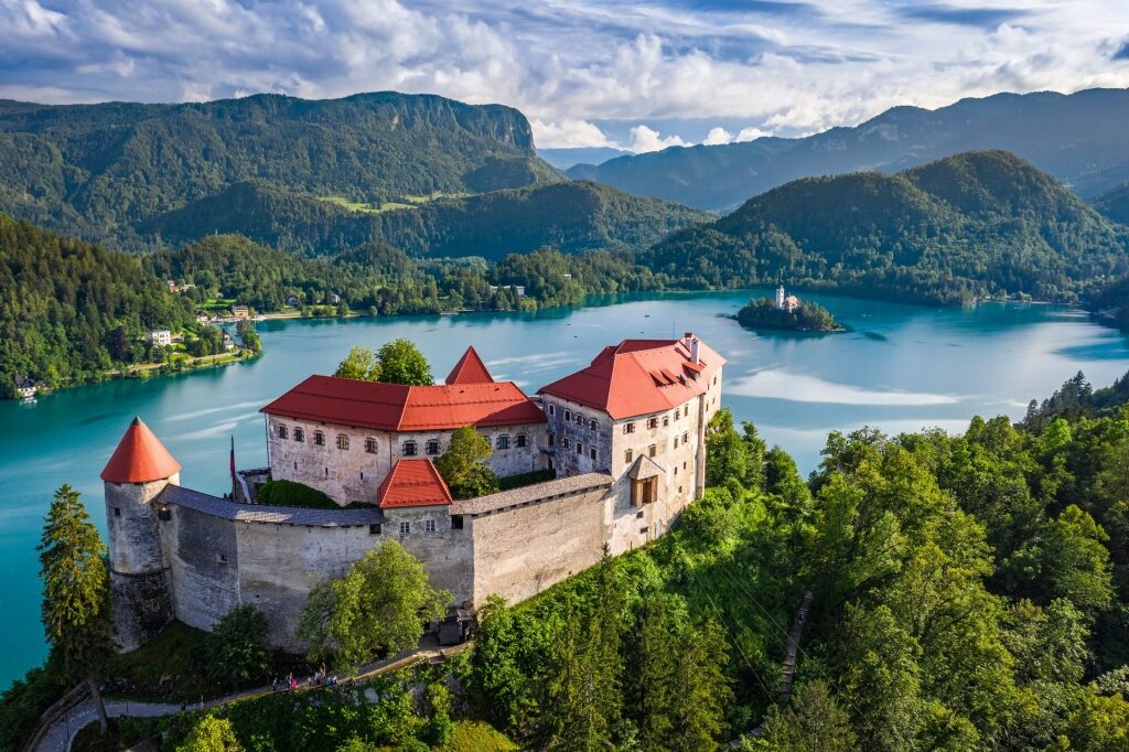 Picturesque landscape of Bled Castle with view of the lake