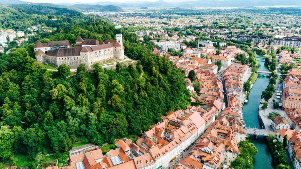 Aerial view of Ljubljana with castle
