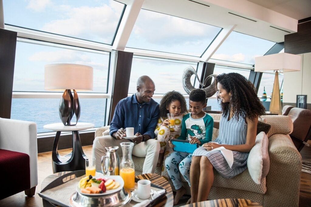 Family eating food on a cruise