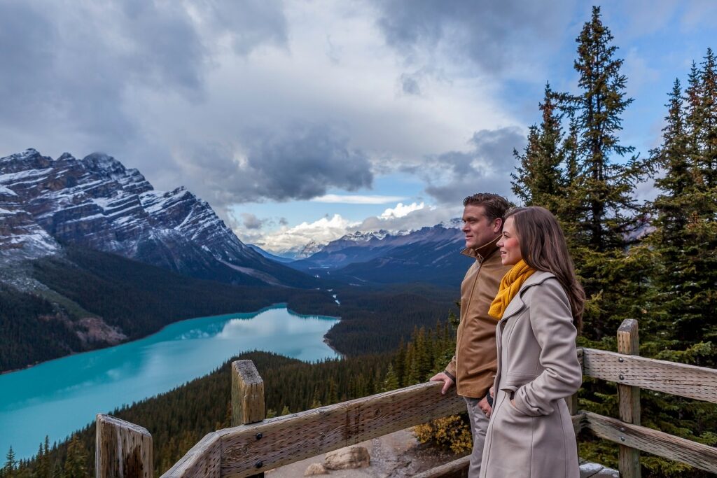 Couple sightseeing with view of Bow Lake