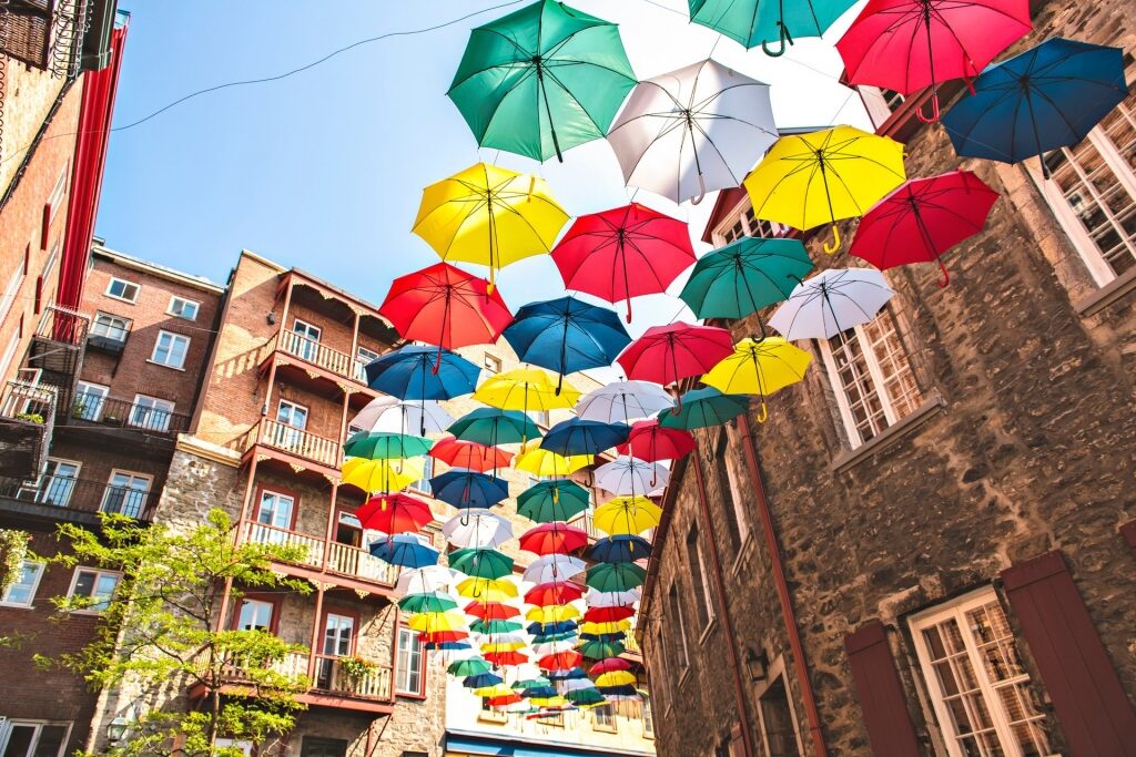 What is Quebec known for - colorful Umbrella Alley art installation