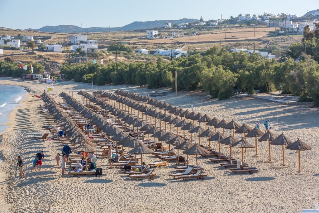 Kalafatis Beach with huts lined up on shore