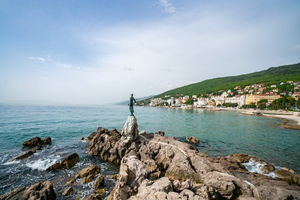 View of Opatija with statue of The Girl With The Seagull