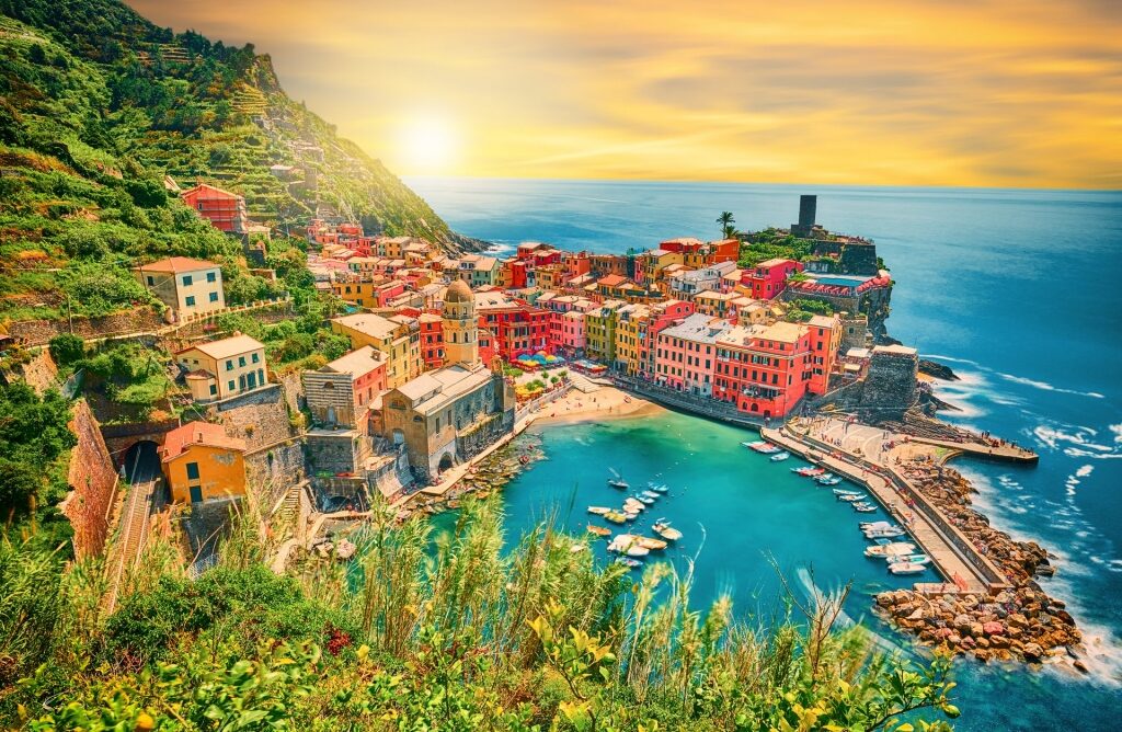 View of sunset from the beautiful village of Vernazza