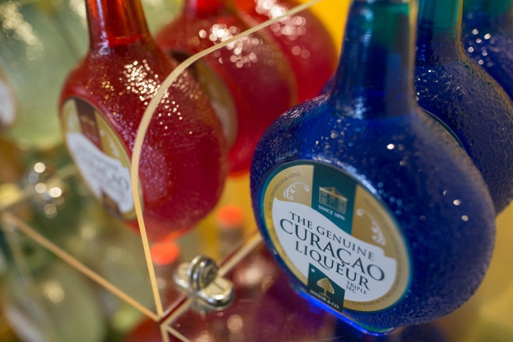 Bottles of Blue Curaçao at the Landhuis Chobolobo