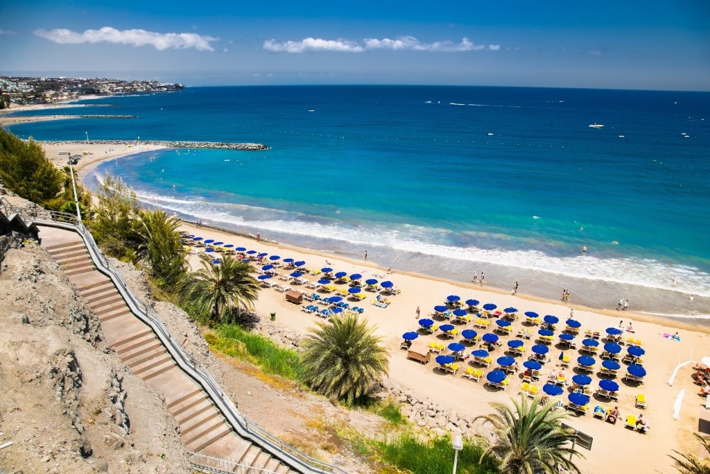 Aerial view of Maspalomas Beach with beach chairs