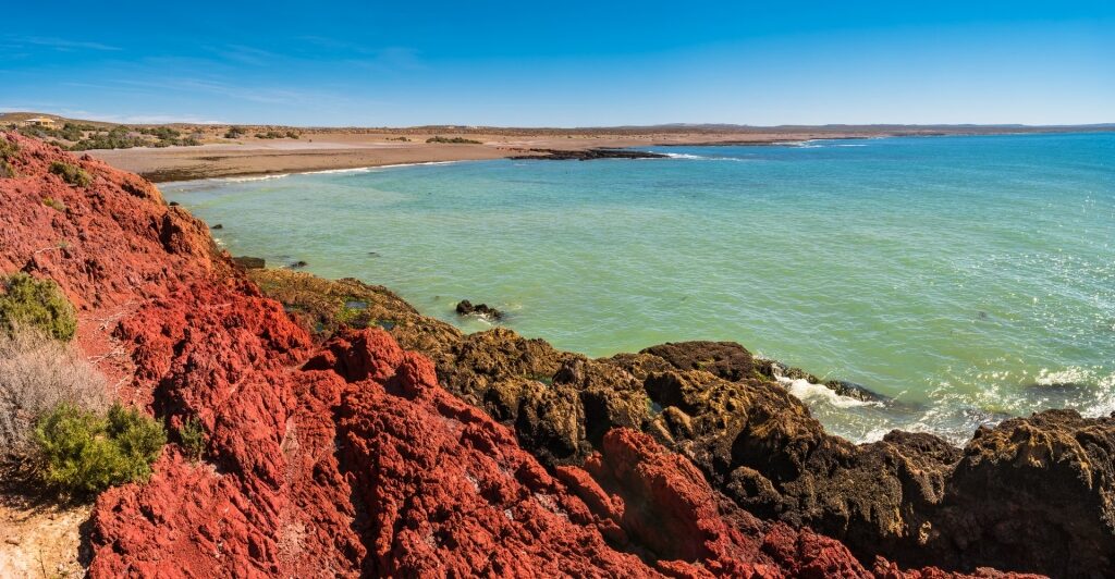 Coast of Punta Tombo with red rock formations