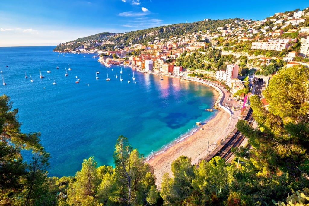 Aerial view of Villafranche Sur Mer with Plage des Marinières