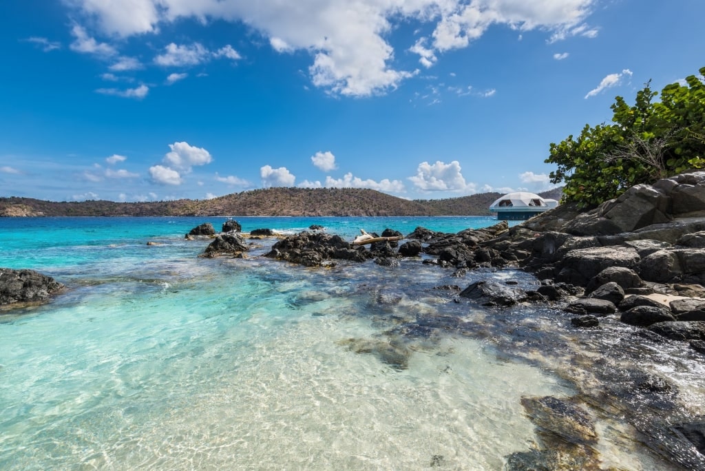 Rocky shoreline of Coki Point Beach