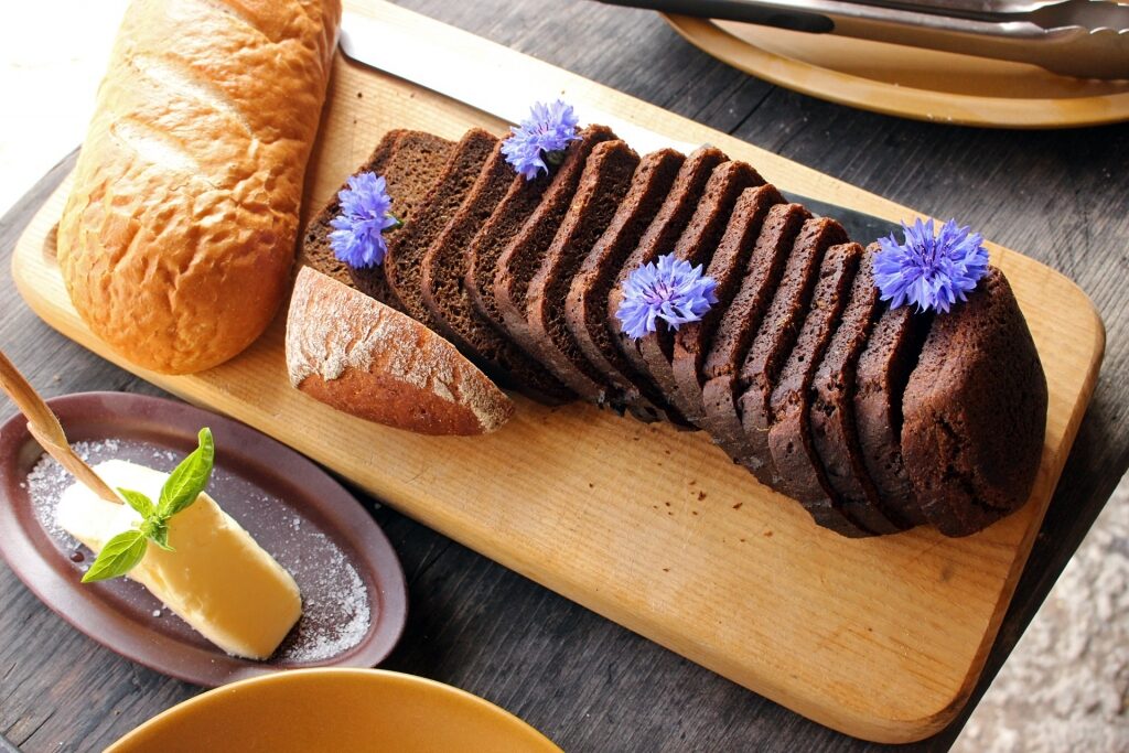 Dark rye black bread on a platter