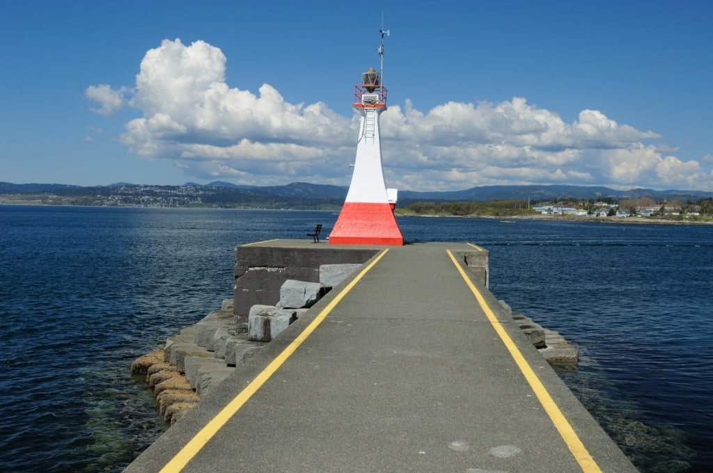 White and red facade of the Ogden Point Lighthouse