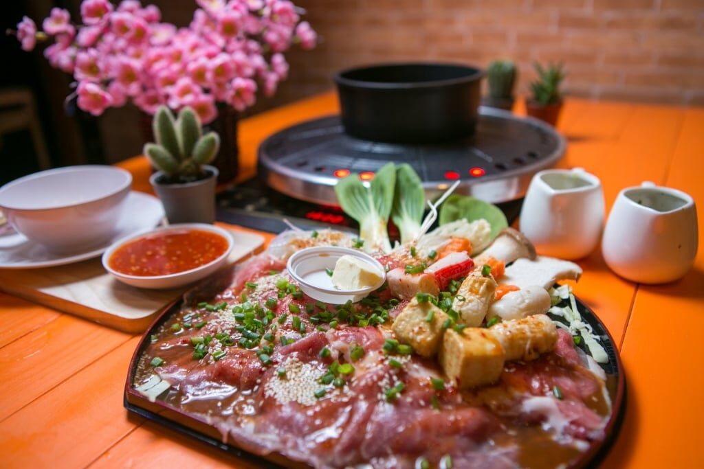 Shabu-shabu platter filled with veggies and meat