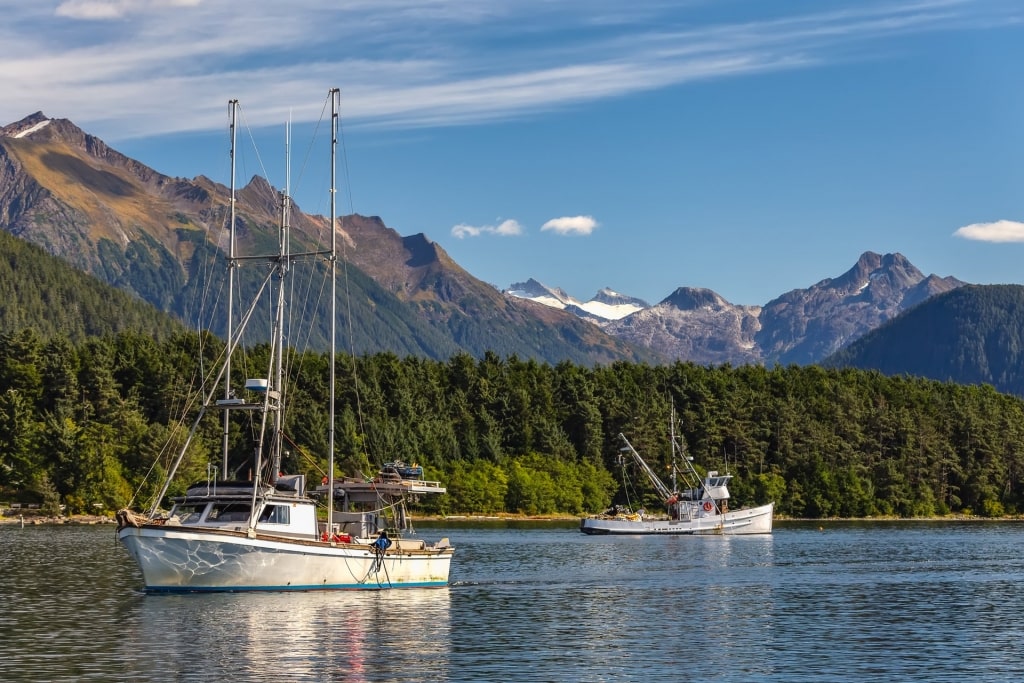 Lush landscape of Sitka National Historic Park with view of the mountains