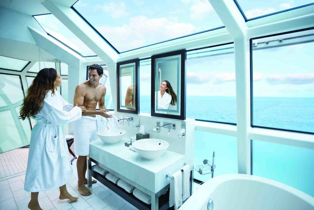 Couple inside a huge bathroom on a cruise