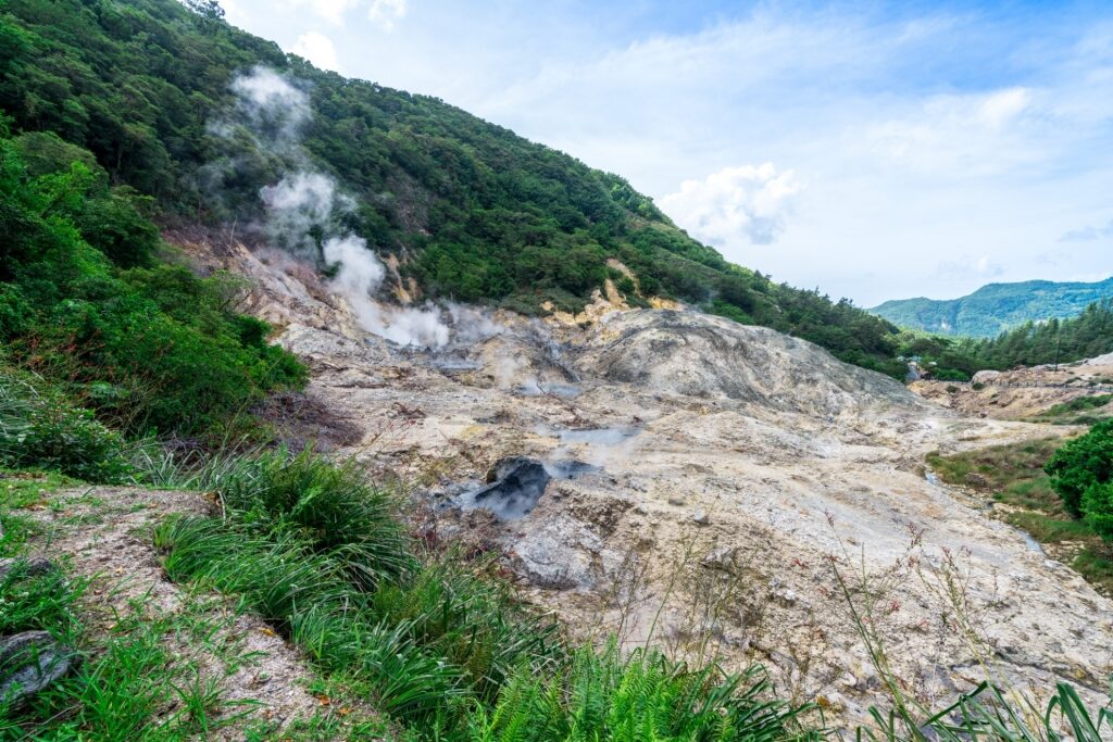 Steamy landscape of Sulphur Springs in St. Lucia
