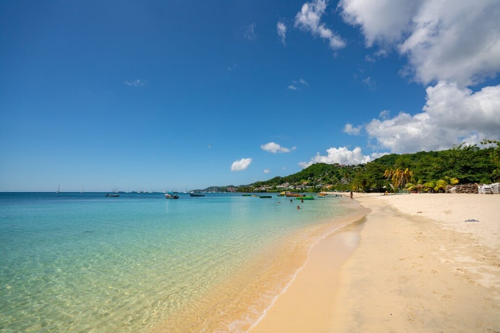 White sand beach and clear blue waters of Grand Anse Beach