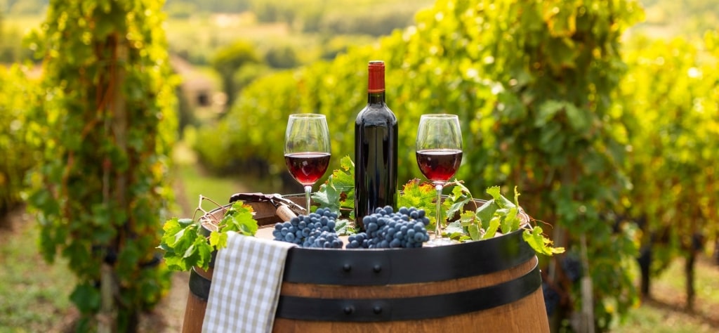 Wine on a barrel at a vineyard in Bordeaux