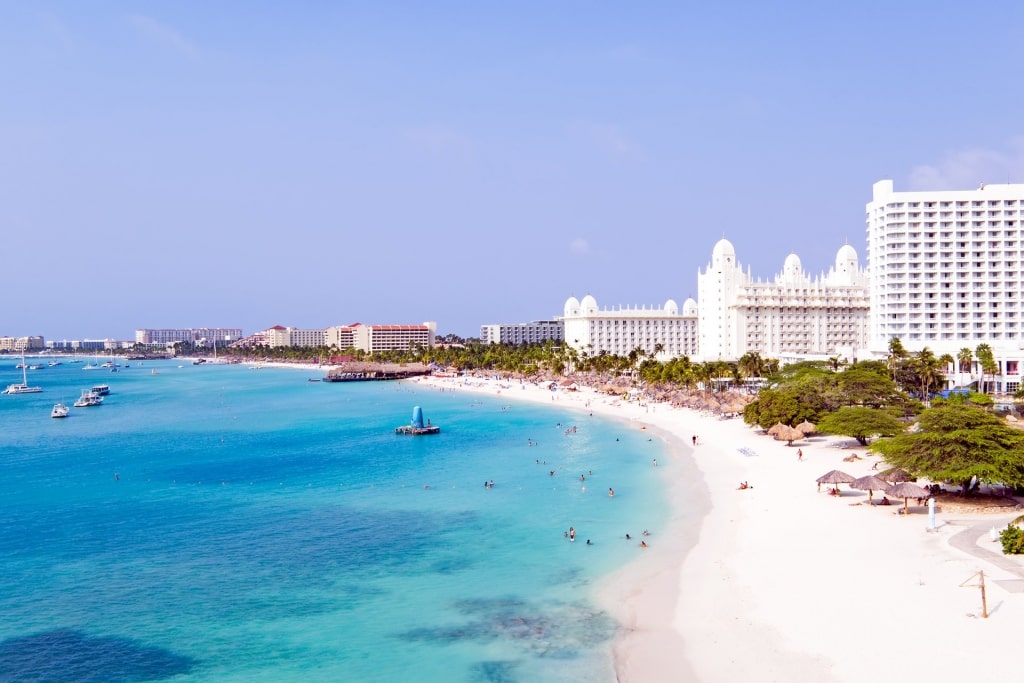 Aerial view of Palm Beach with white sands and turquoise waters