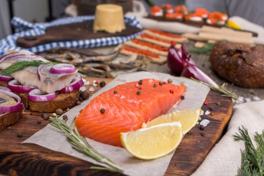 Traditional Norwegian breakfast with pickled herring