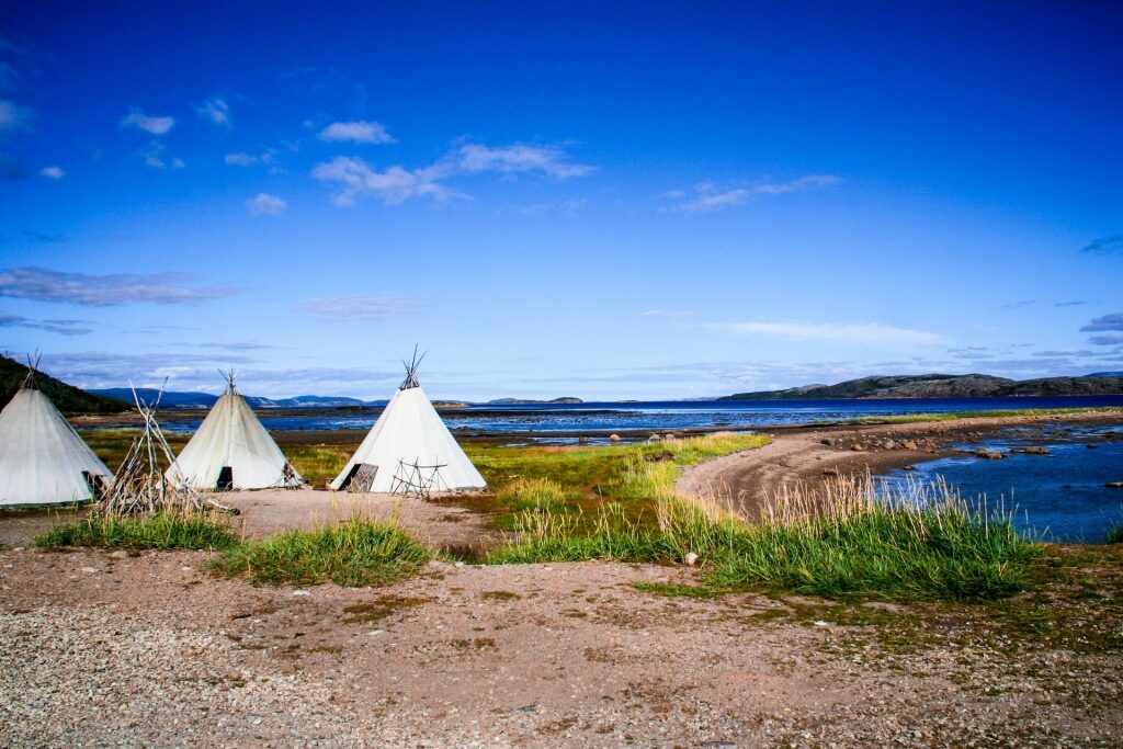 Traditional lappish yurts or reindeer skin tents used by Sami